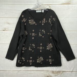 Vintage Carolyn Taylor Sweater Sz XL Black Floral Embroidered Pullover Cottage